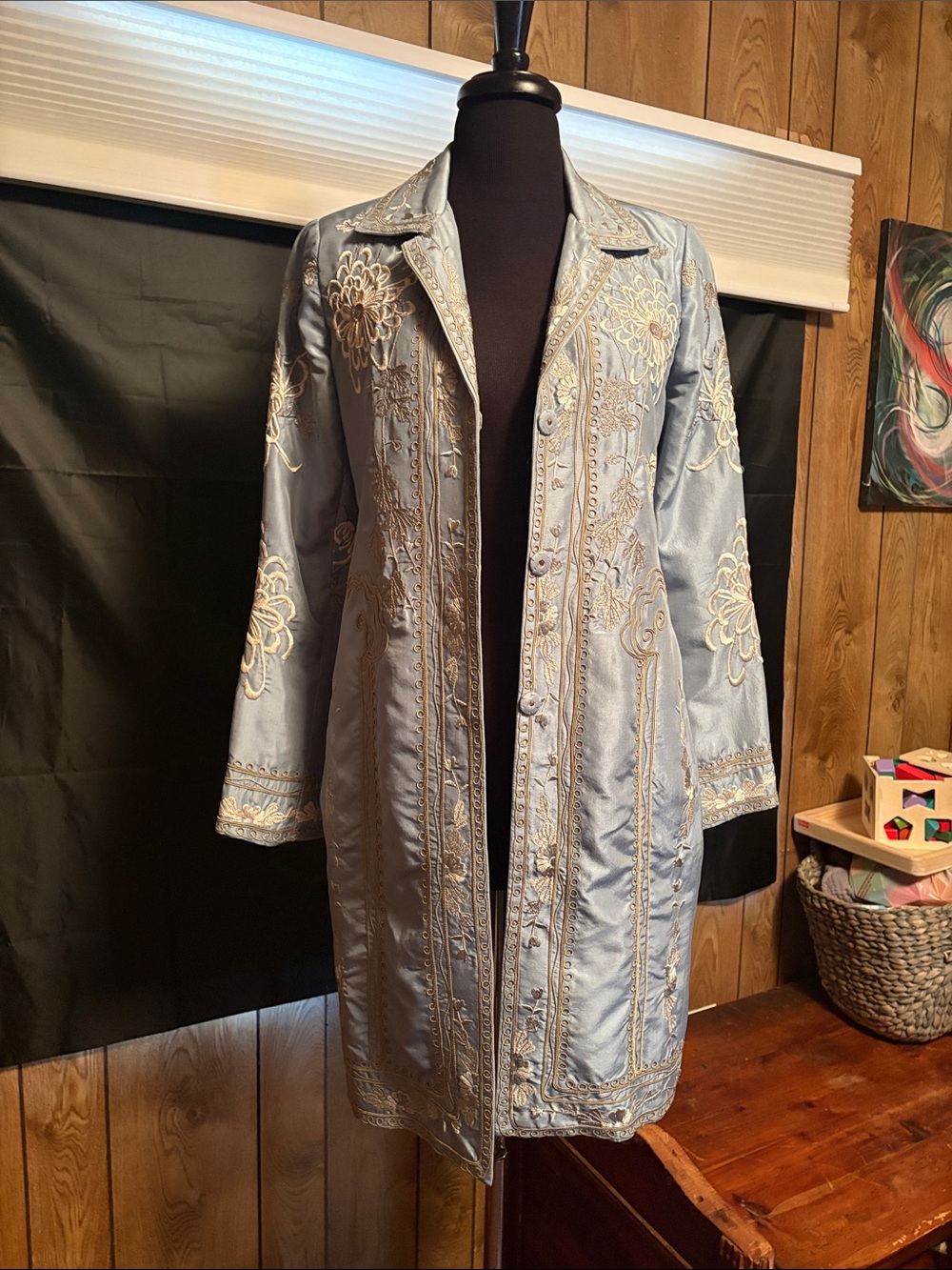 JOHNNY WAS Embroidered Light Blue Satin/Silk Long Jacket